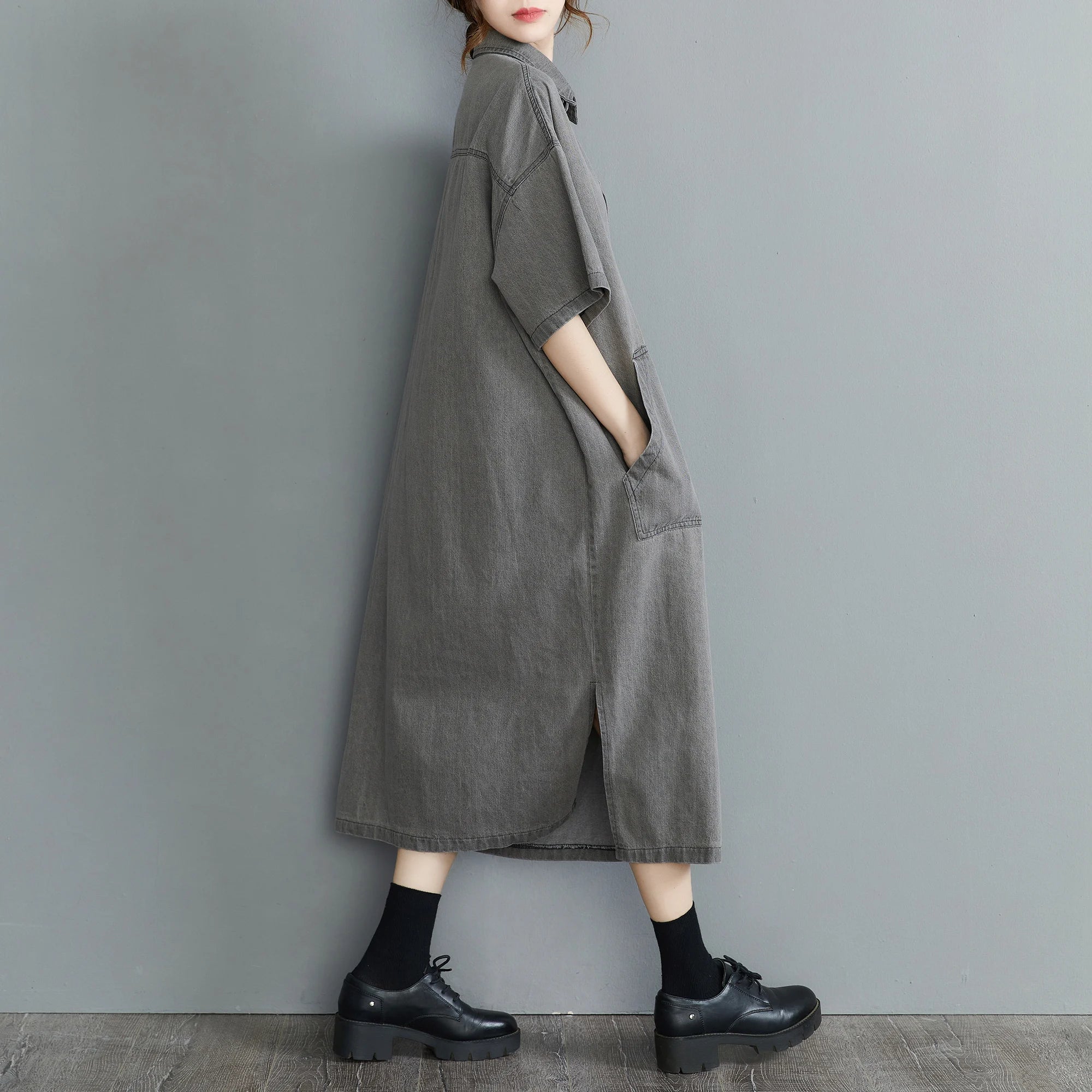 Boutique Wholesale 2025 Summer New Fashionable Retro Lapel Loose Casual Denim Women's Dress