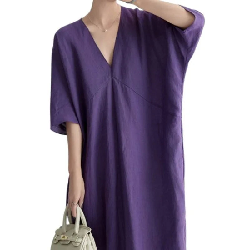 2026 New Summer Wholesale V-Neck Cotton Linen Maxi Dress French Chic Elegant Loose Short Sleeve Straight Gown
