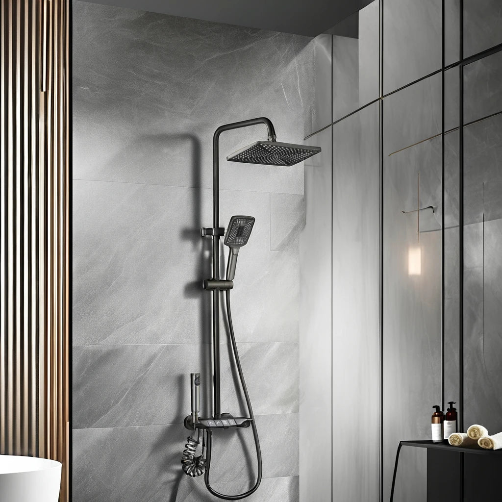 KAWAL Thermostatic Piano Key Rain Shower System Matte Black Wall Mounted Hot Cold Mixer Faucet Set with Handheld Spray