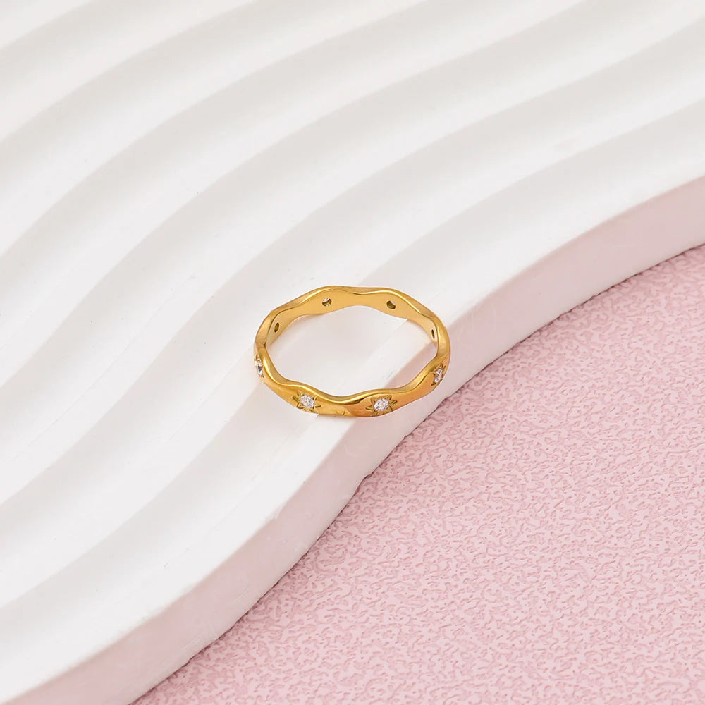 High End 18K Plain Gold Star Zirconia Surround Dainty Rings Stainless Steel Trendy Simple Gold Plated Jewelry
