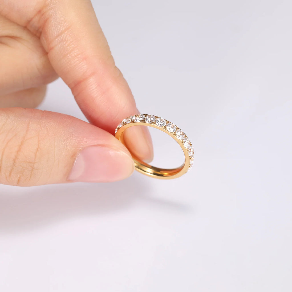 Somen 3mm Gold Color Rings Women Titanium Ring Cubic Zirconia Anniversary Engagement Wedding Band Fashion Jewelry