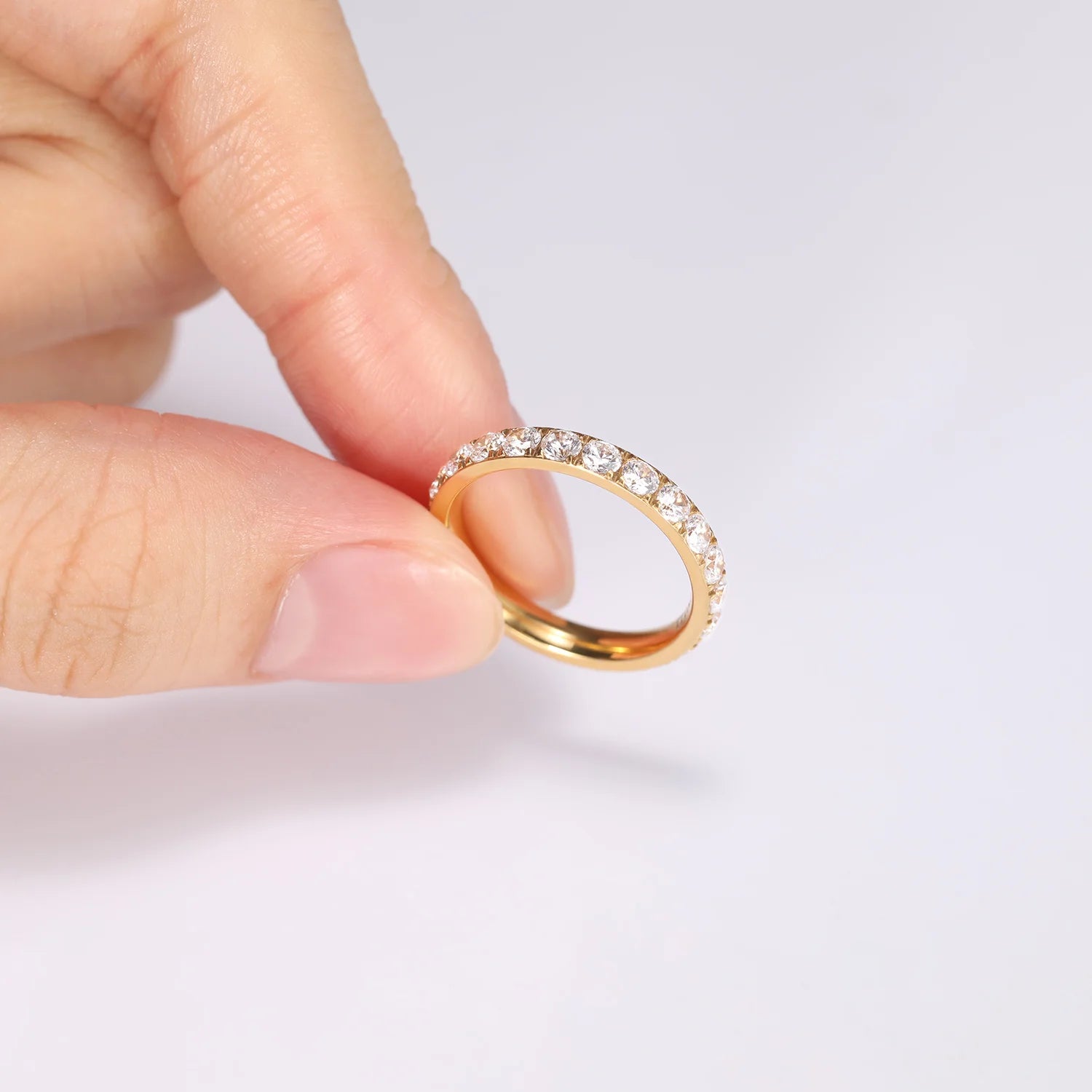 Somen 3mm Gold Color Rings Women Titanium Ring Cubic Zirconia Anniversary Engagement Wedding Band Fashion Jewelry