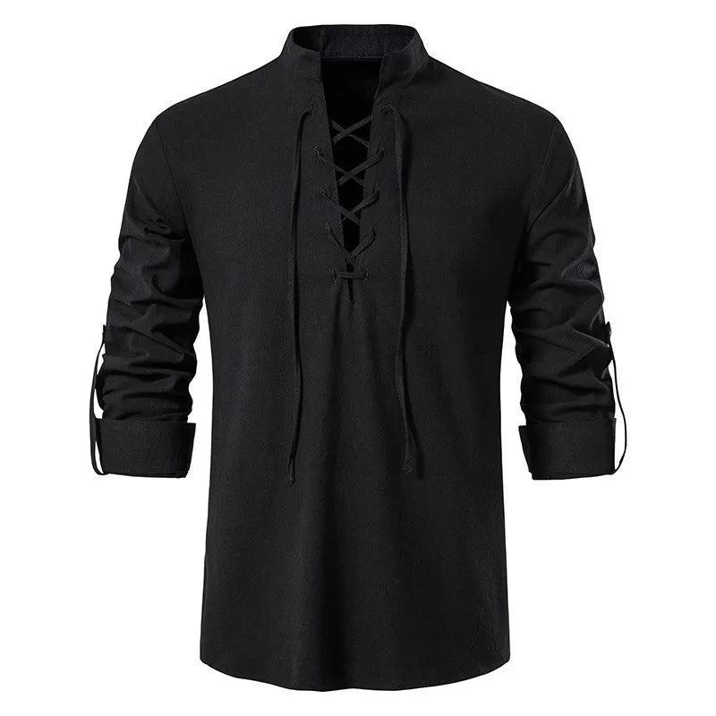 Men's Retro Hippie Beach T Shirt-Summer Casual Short Sleeve Tops Breathable Twill Cotton Linen Stand Collar Henry Drawstring
