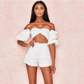Two Piece Set Women Off Shoulder Puff Sleeve Short Crop Top High Waist Wide Shorts Tracksuit Sexy Conjunto Femenino 2 Piece Set