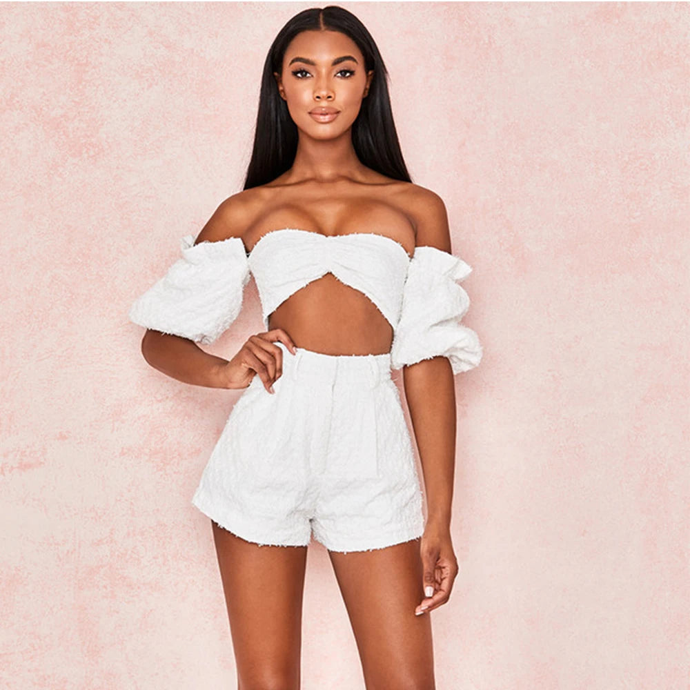 Two Piece Set Women Off Shoulder Puff Sleeve Short Crop Top High Waist Wide Shorts Tracksuit Sexy Conjunto Femenino 2 Piece Set