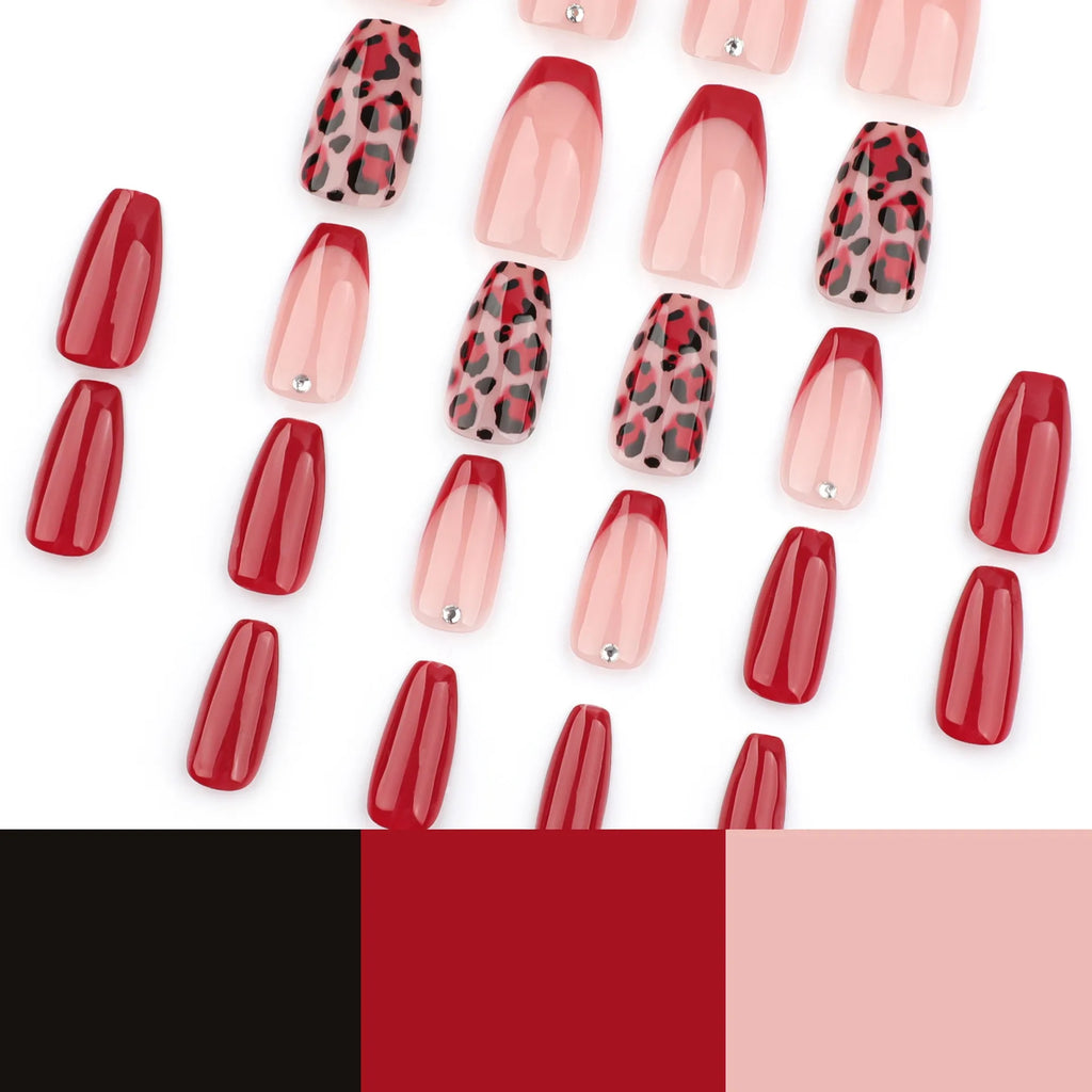 24 Pcs French Autumn/Winter New Arrival: Red Leopard Print Acrylic Press on Nails Customize False Nails 3528
