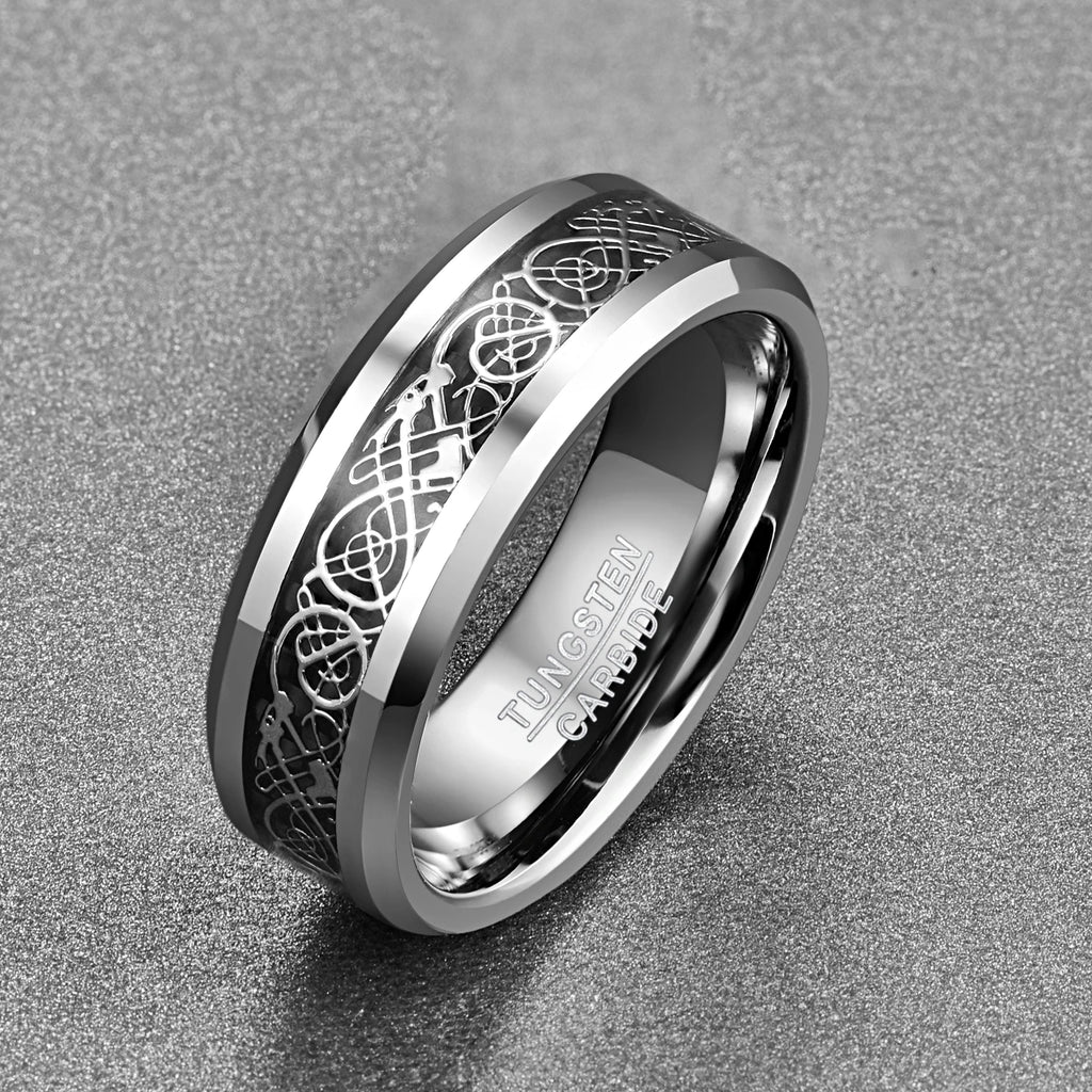 Wholesale 8mm Width Chamfer Natural Color Inlaid Dragon Pattern Black Fiber Men's Tungsten Rings Jewelry Gift