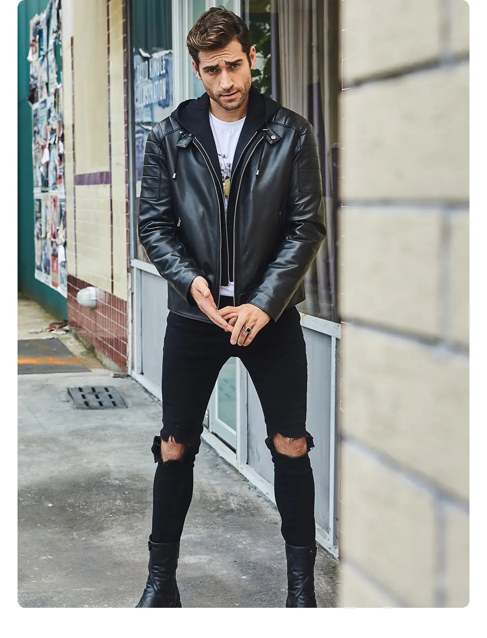 FLAVOR Men's Leather Motorcycle Jacket Black Sheepskin Real Leather Jacket With Removable Hood