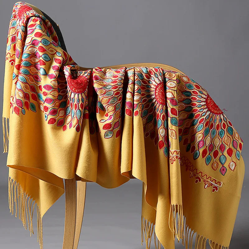 Wholesale JiYun 2025 Ladies Winter Scarf Shawl Floral Tassel Embroidery Soft Heavy Cashmere Feel-Hot Sale Winter Accessory