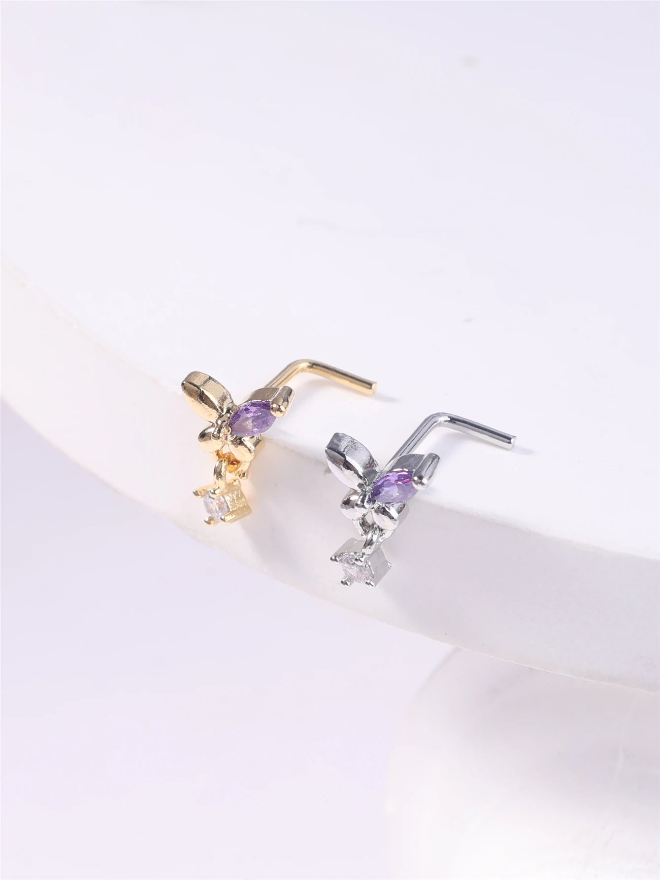 L Shaped Dangling Nose Studs Rings Butterfly Design for Women Girl Gold CZ Dangle Nose Pin 20G Nose Piercing Jewelry Wholesale