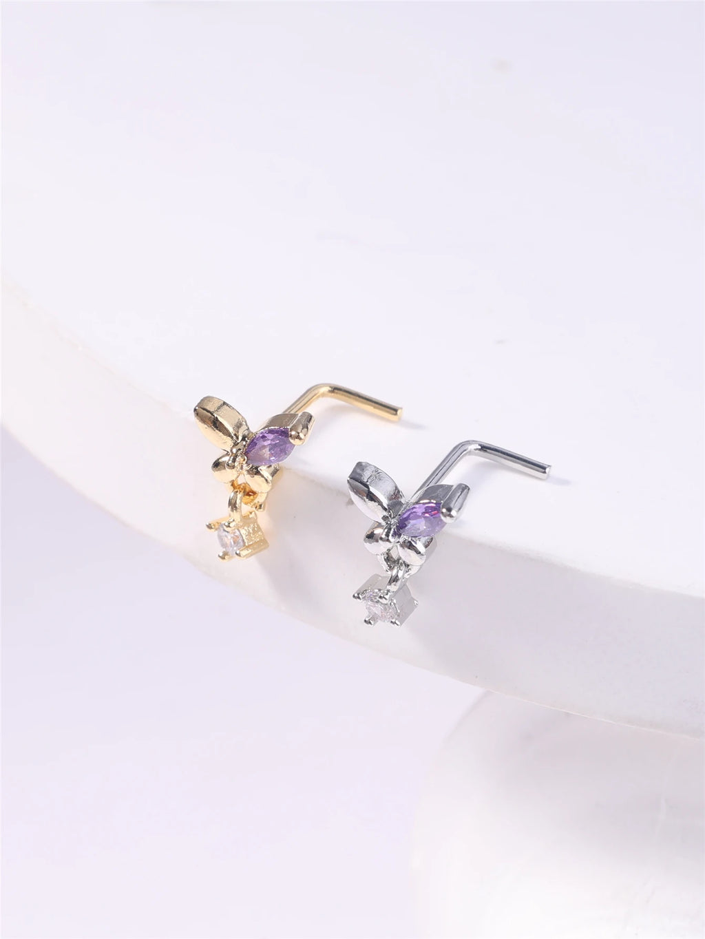 L Shaped Dangling Nose Studs Rings Butterfly Design for Women Girl Gold CZ Dangle Nose Pin 20G Nose Piercing Jewelry Wholesale