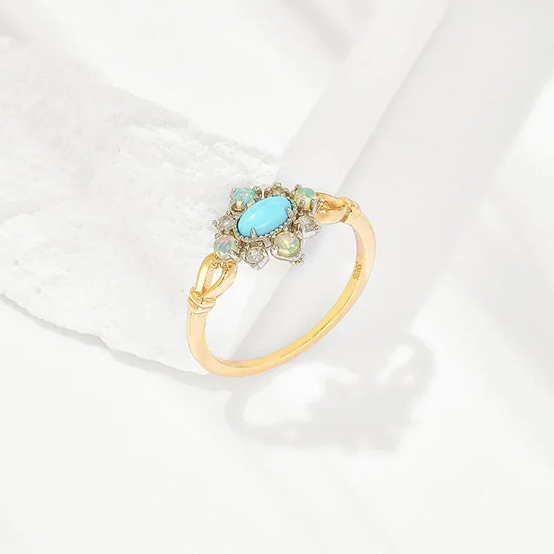 Vintage Gemstone Rings for Women Natural Opal Topaz Turquoise Ring 925 Sterling Silver Gold Plated Luxury Jewelry LAMOON