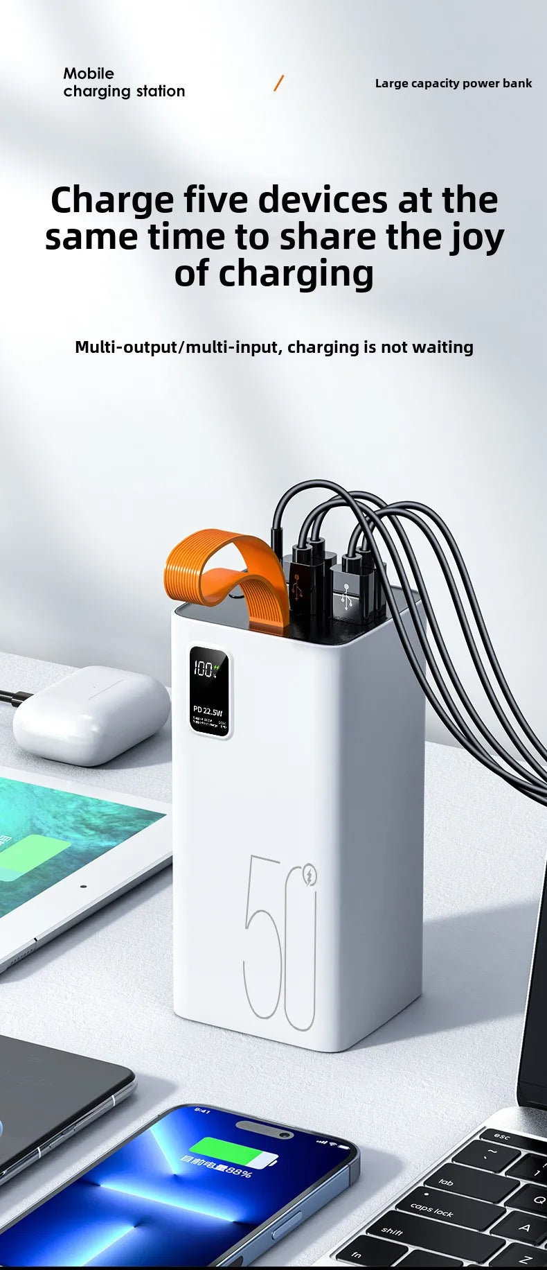 10P US EU Large Capacity 50000mAh Outdoor Power Bank Super Fast Charging 22.5W PD 20W Two-Way Portable LED Display Type-C Input