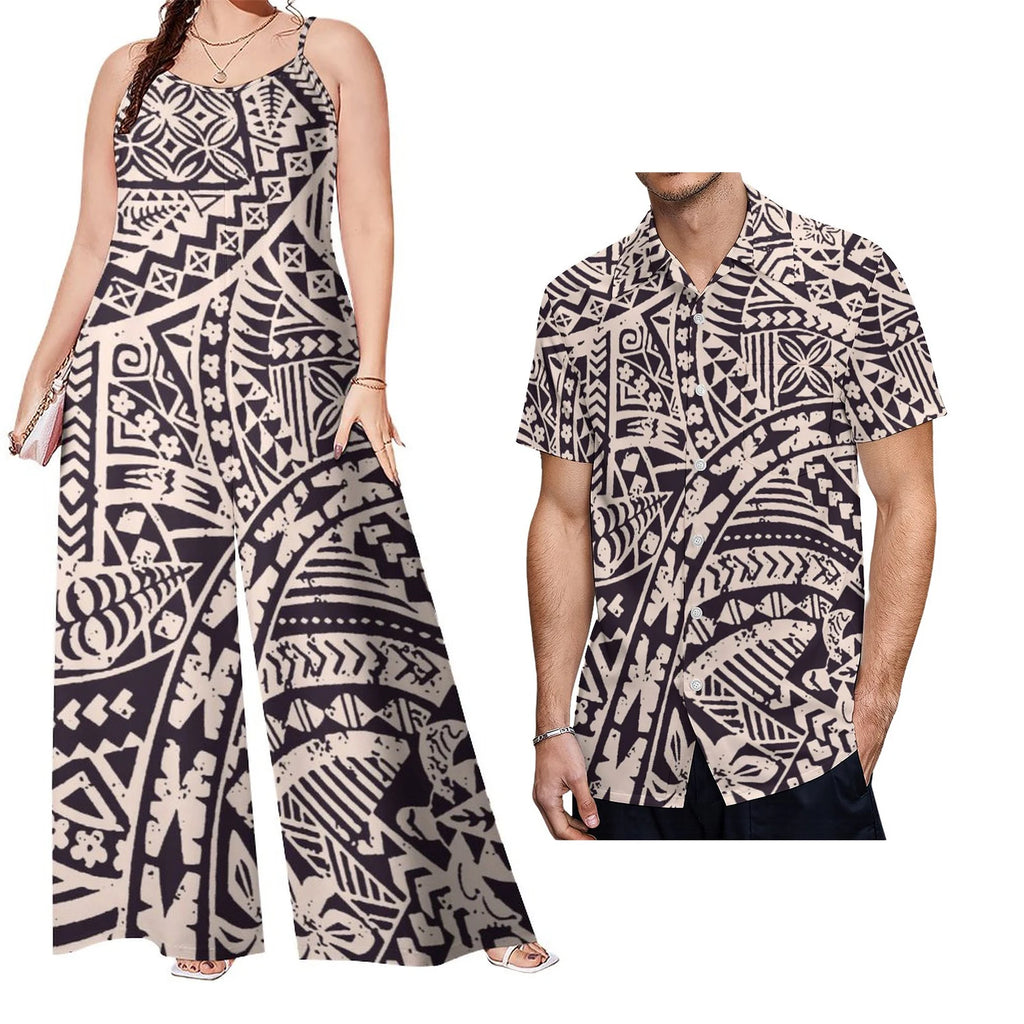 Custom on Demand Set of Couples Hawaiian Tropical Floral Big Size Shirt and Casual Women Halter Rompers Polynesian Couple Suit