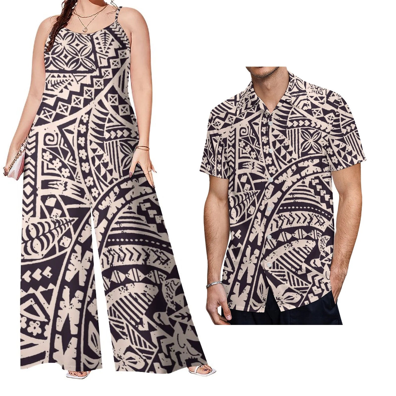 Custom on Demand Set of Couples Hawaiian Tropical Floral Big Size Shirt and Casual Women Halter Rompers Polynesian Couple Suit
