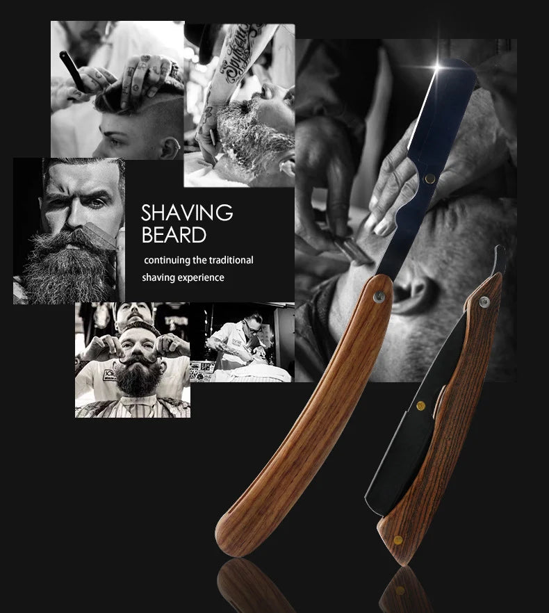 wooden trimmer manual shaver professional straight edge stainless steel sharp barber razor folding shaving blade shave beard cut