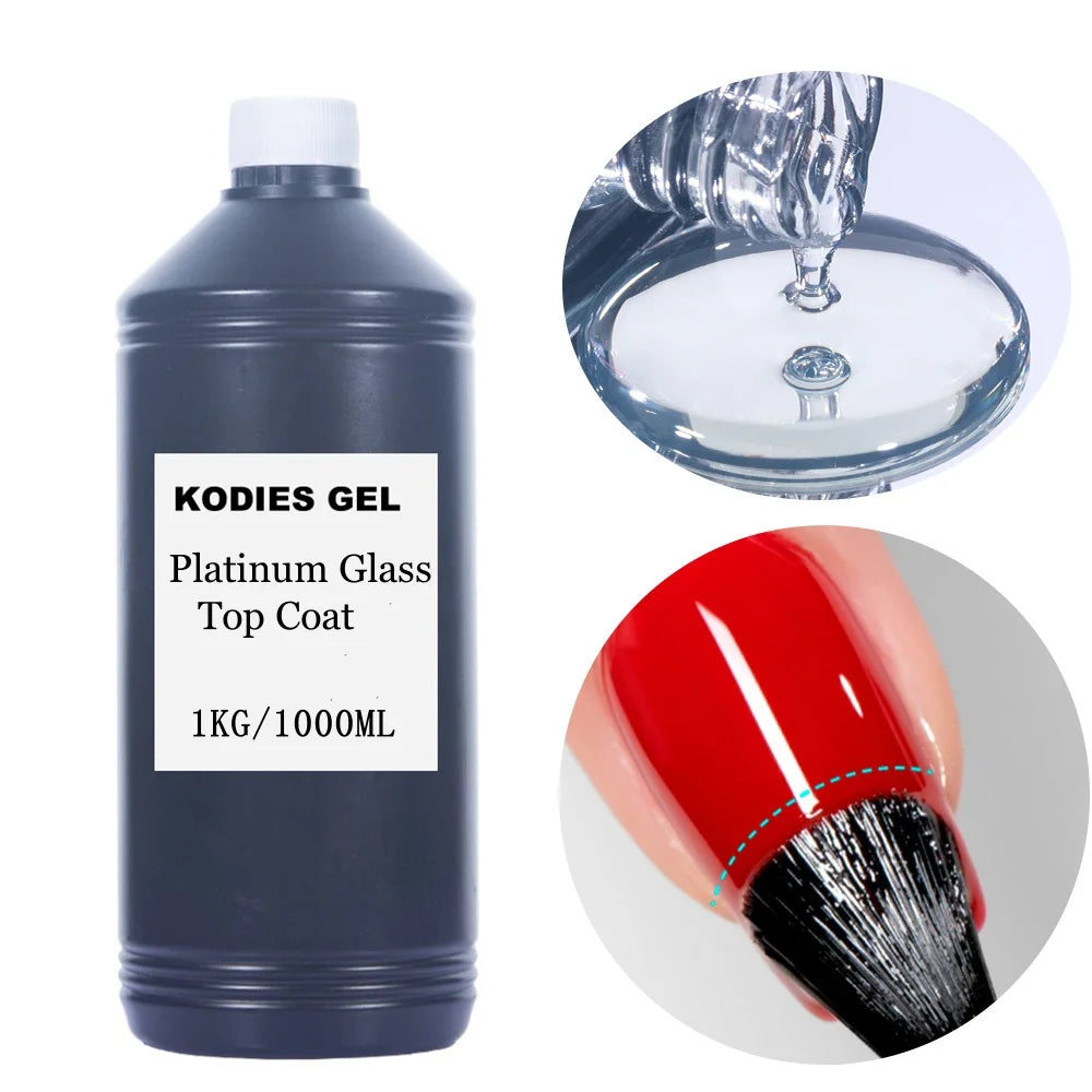 KODIES GEL 1L Platinum Glass Top Coat No Wipe UV Gel Polish Salon Quality Super Shine Gel Finish 1KG Big Bottle Nails Supplies