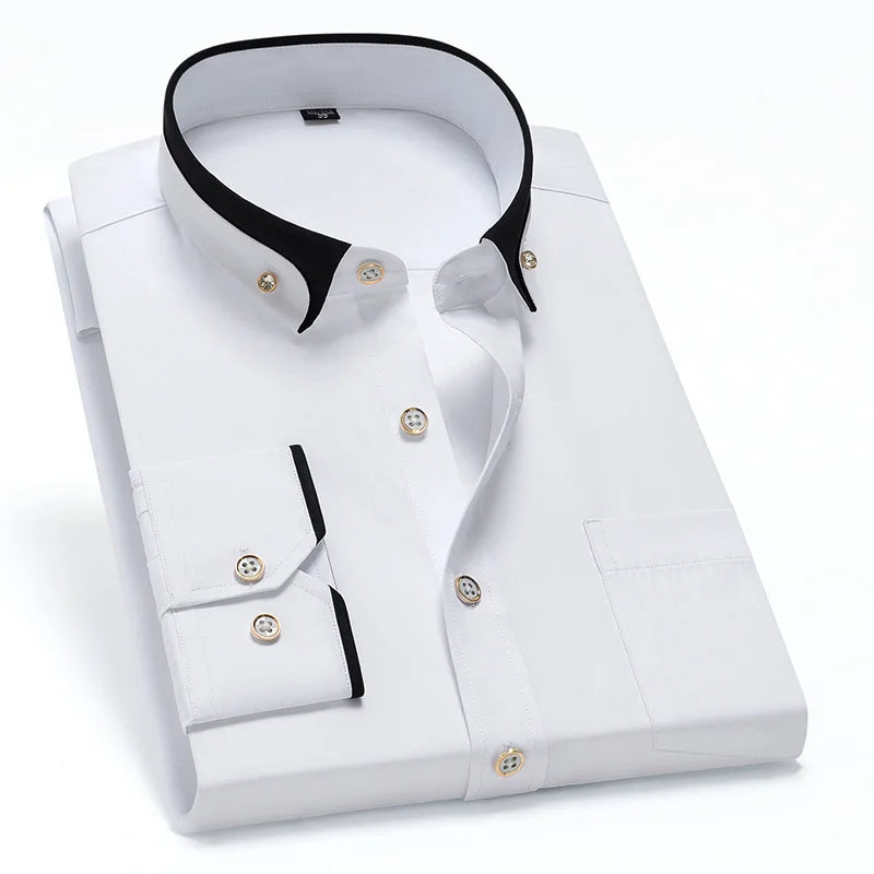 2025 New Men's Contrast Collar Elastic Long Sleeve Shirt Business Casual Comfortable Non-Ironing Shirt