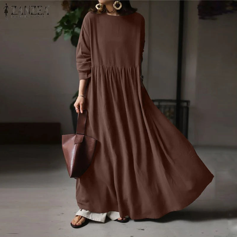 Autumn Women Sundress ZANZEA 2023 Vintage Solid Dresses Female Cotton Robe Casual Long Sleeve Pleated Maxi Vestidos Kaftan