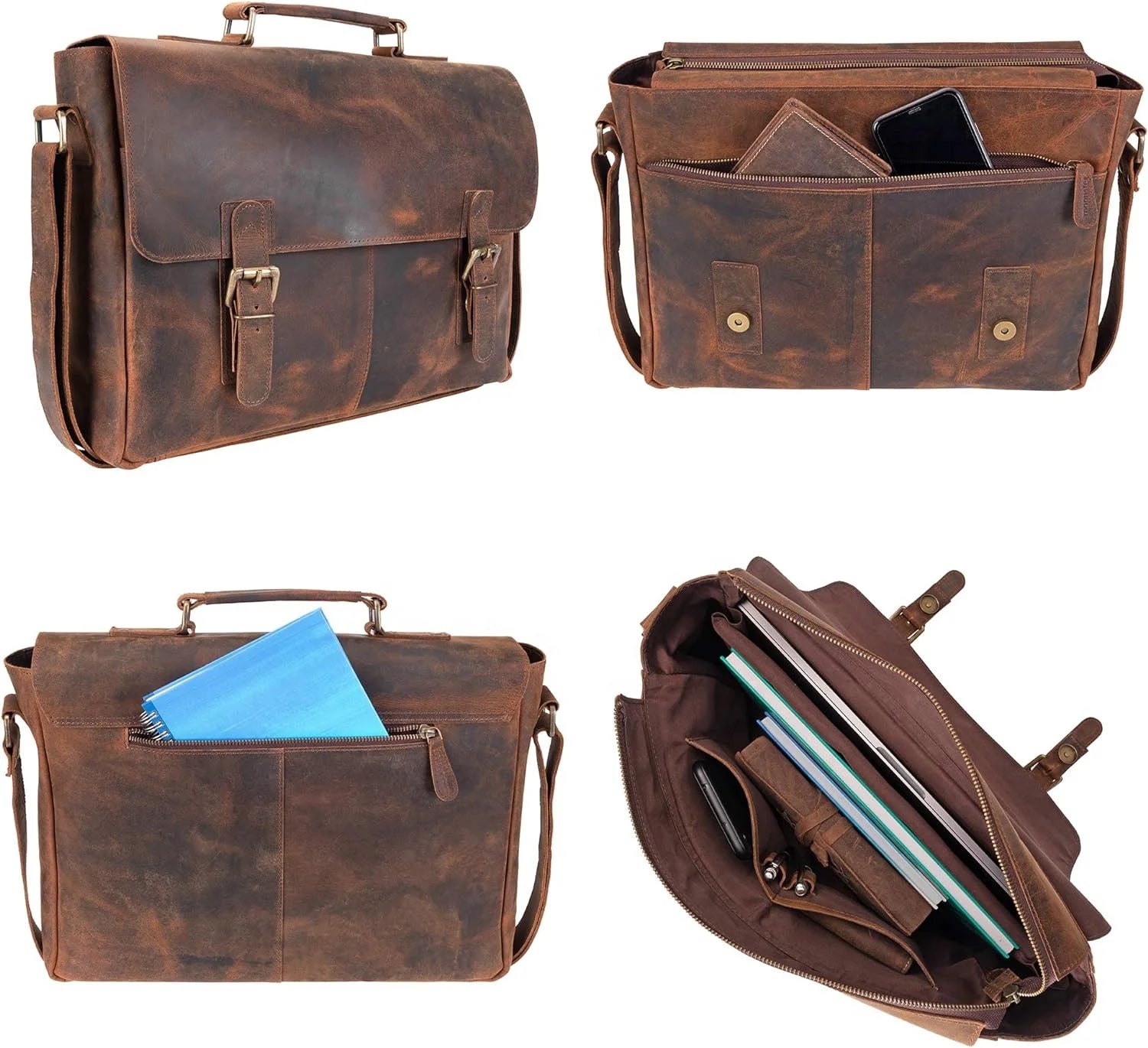 Men's and Women's Fashionable Genuine Leather Travel Messenger Office Crossbody Laptop Briefcase Protective College Satchel Bag