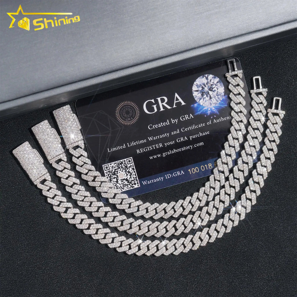 Hot Selling Pass Diamond Tester 925 Sterling Silver 10mm 15mm  20mm Moissanite Cuban Link Chain Mens Cuban Bracelet