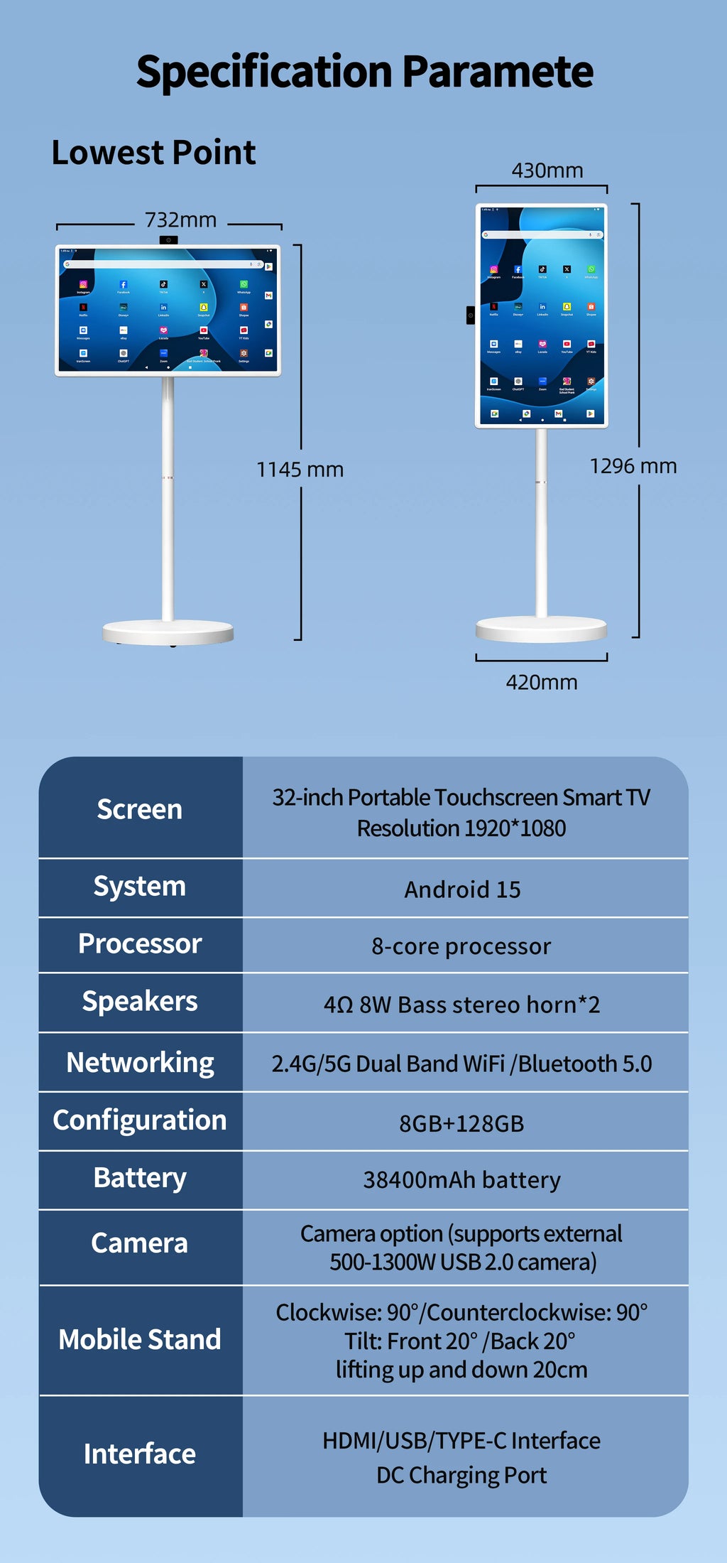 Hot 32 Inch Android Portable Smart TV with Battery Capacitive Display Vertical Touchscreen LCD Monitors All in One Portable TV