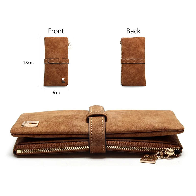 Vintage Women Long Standard Wallets Purse Fold Drawstring Nubuck Leather Zipper Suede Bag Female Simple Design Clutch Handbags