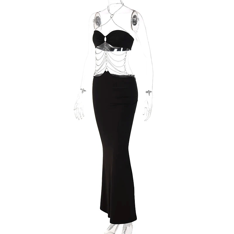 Hugcitar Pure Color Chain Halter Bandage Sleeveless Backless Revealing Slim Maxi Dress Fall Women Fashion Elegant Party Y2K