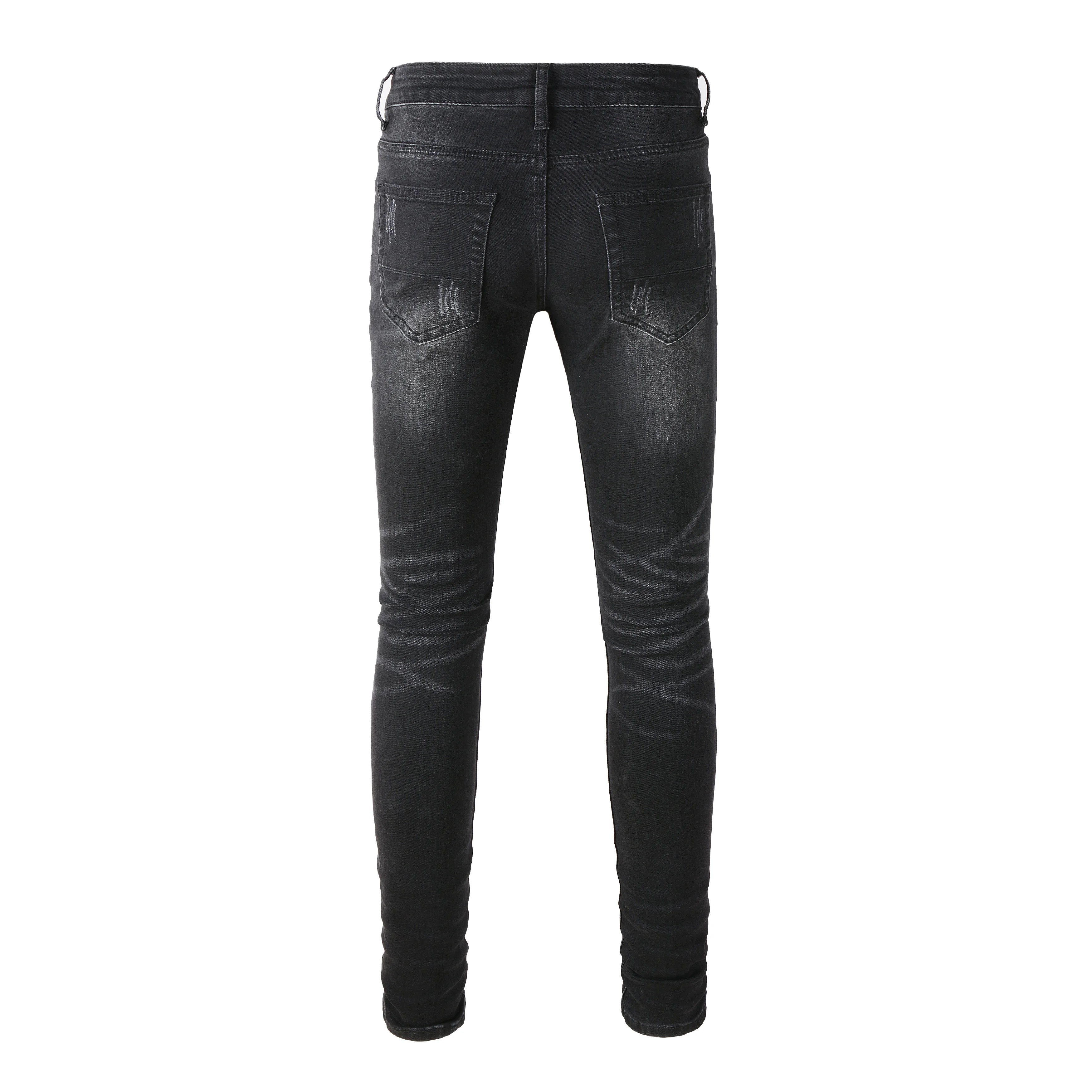 Wholesale Slim Fit Distressed Designer Patchwork Jeans Printed Patch Black Denim Trousers for Men Streetwear Winter Blue Hip Hop