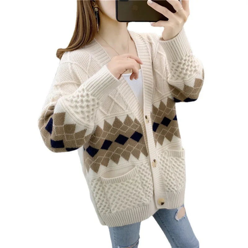 Women's Korean Style V-Neck Cable Knit Oversized Loose Sweater Coat Custom Fit with Front Logo Long Sleeve