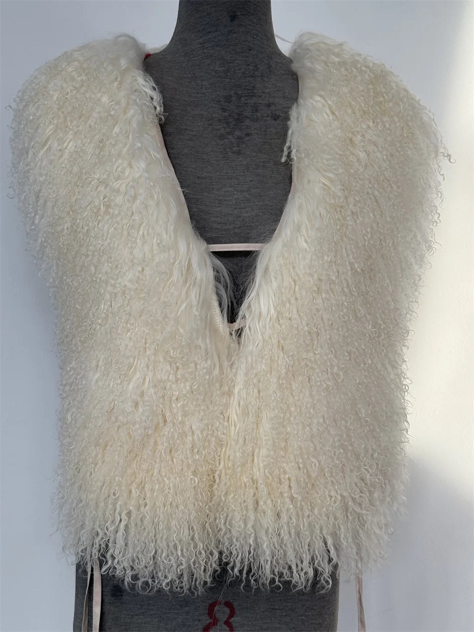 Streetwear Real Mongolian Sheepskin Fur Vest Women Real Sheep Fur Halter Top Vest