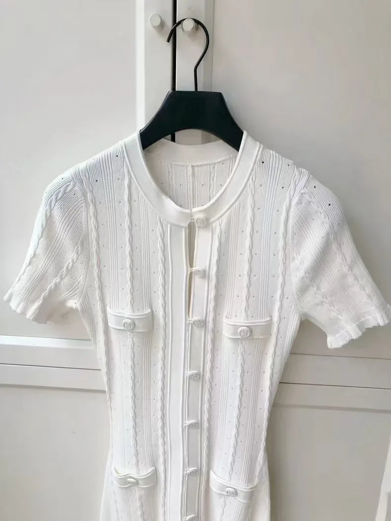 Summer Fashion Hollow Out Single Breasted Short Sleeve Knit Long Sweater Dresses