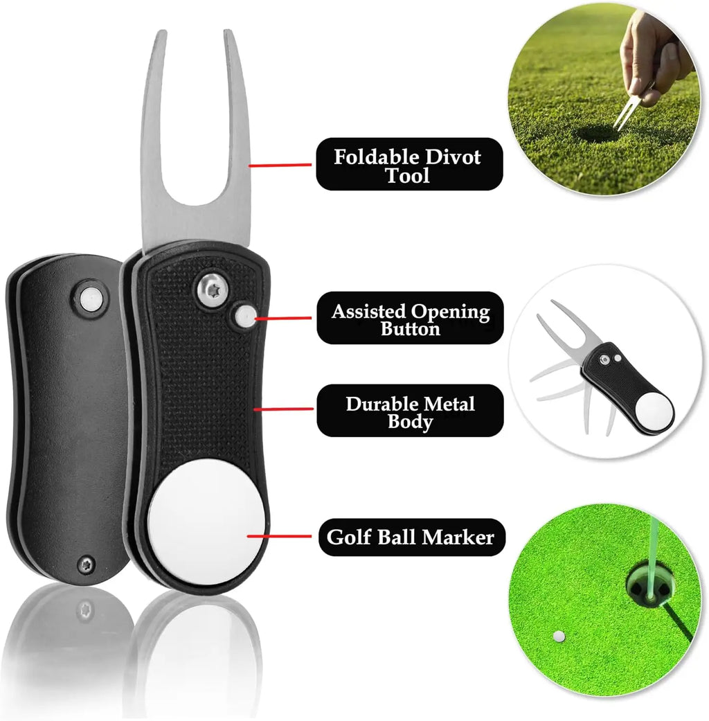 Golf-EZ 6-in-1 Golf Essentials Kit with Towel Brush Alignment Tool Divot Repair Tool & Golf Ball