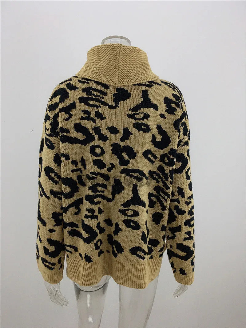 S-XL Turtleneck Sweater for Women Pullover Autumn Casual Fashion Leopard Print Tops Knitted Crochet