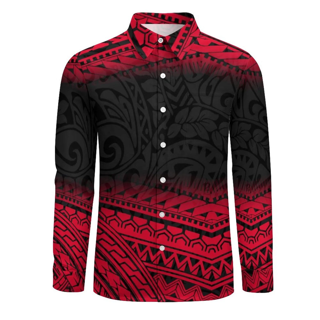 Personality Red Black Gradient Polynesian Printed Shirts Long Sleeve Big Size Men Shirt Hawaii Island Casual Shirts
