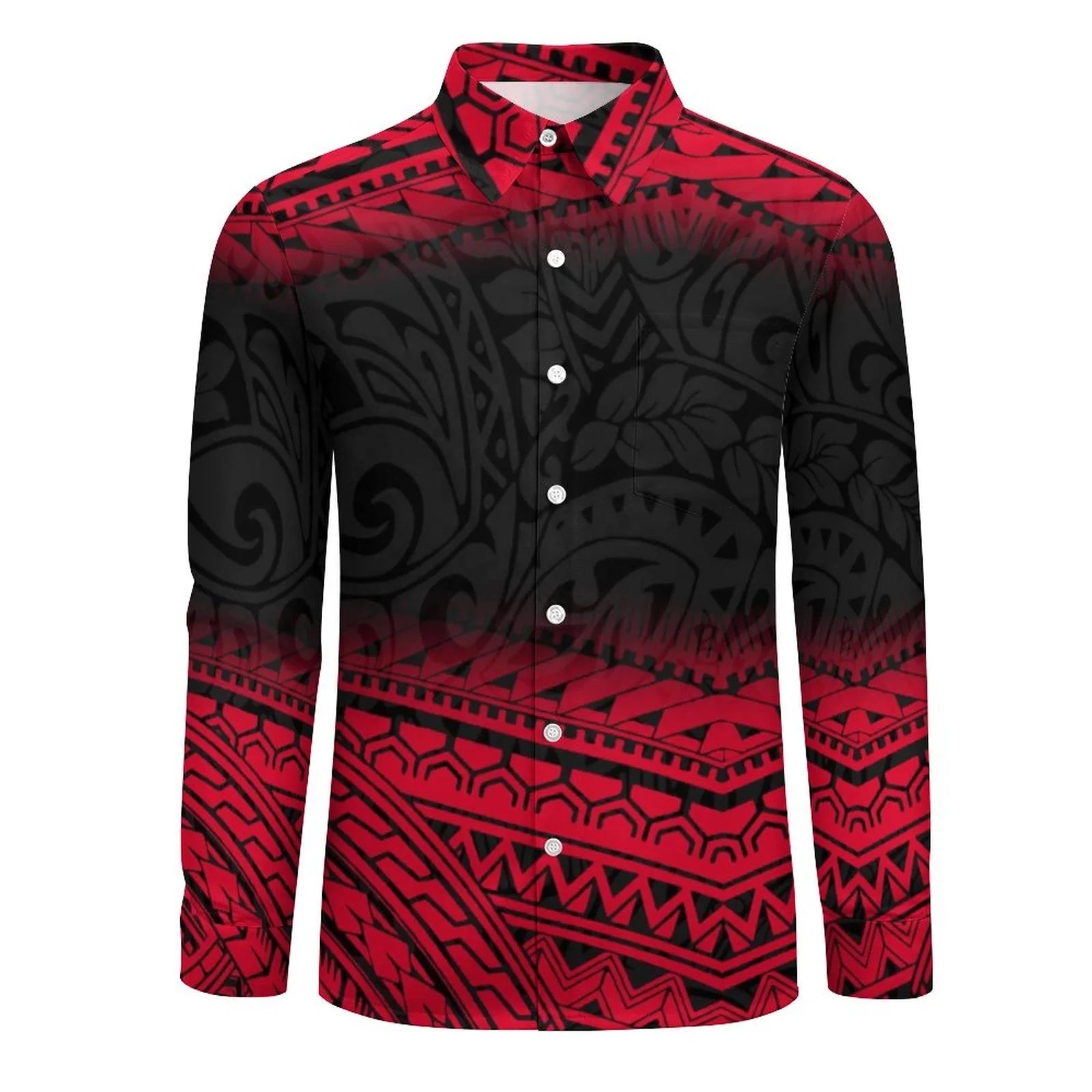 Personality Red Black Gradient Polynesian Printed Shirts Long Sleeve Big Size Men Shirt Hawaii Island Casual Shirts