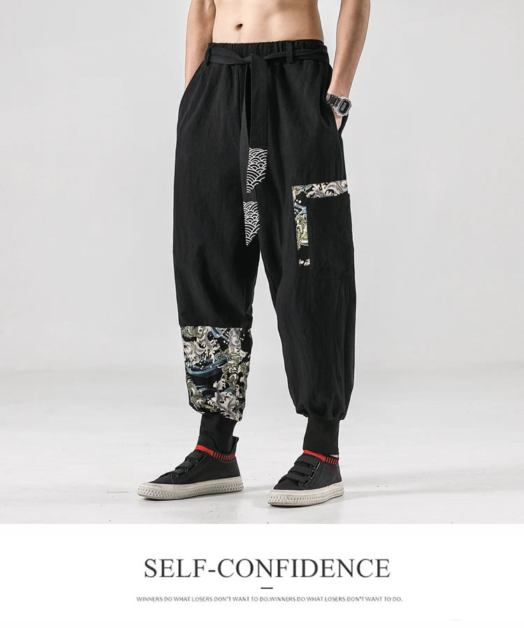 2024 Autumn Men Linen Harem Pants Mens Vintage Chinese Style Cotton Trousers Man Streetwear Pants Male Print Cross Crotch Pants