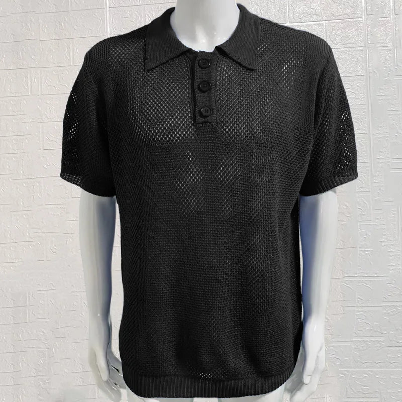 European and American Collar Sweater Men's Thin Hollow Slim Fit Short Sleeved Knitted Summer New Men's Clothing Top Short Sleeve