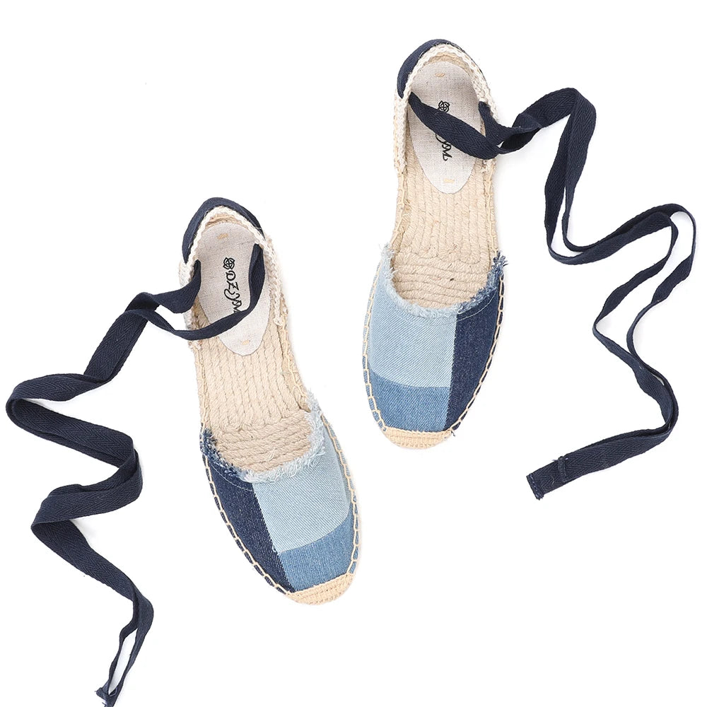 New Top Denim T-strap Flat With Cotton Fabric Open Sandalias Mujer Sandals Sapatos Mulher Womens Espadrilles Flat Shoes