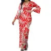 Hot Selling Flower Polynesian Tribal Bell Sleeve V Neck Long Maxi Slit Dress Custom Plus Size Womens Dresses Island Style Dress