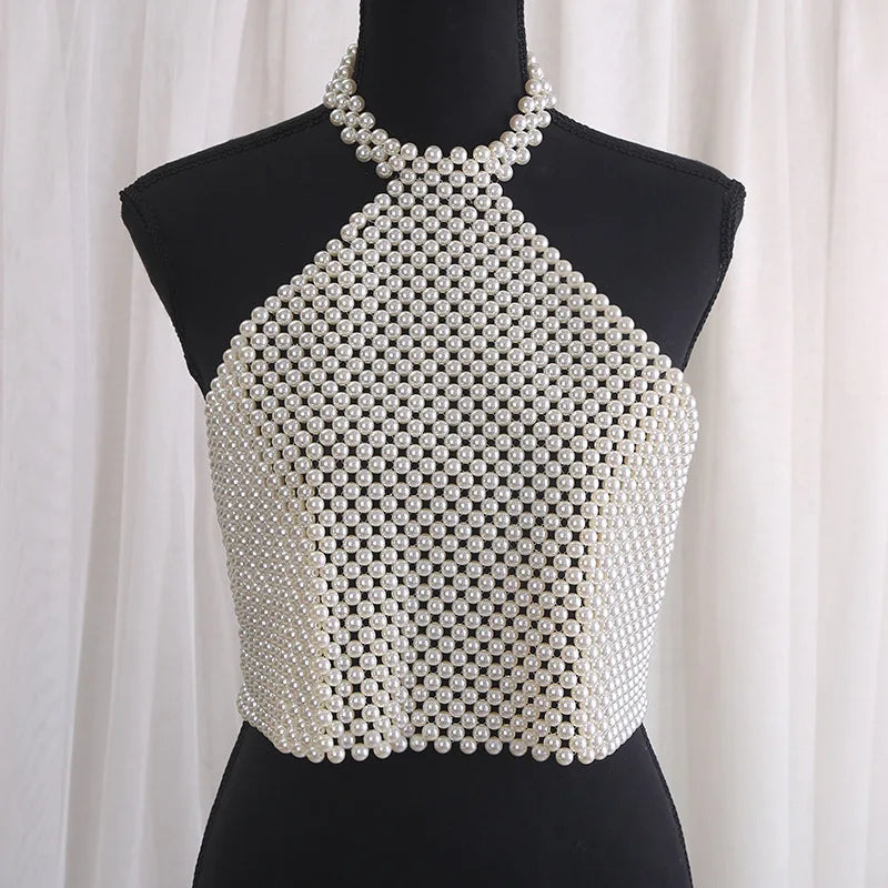 Best Seller Pearl Tube Top Sexy Hot Girl Beaded Stretch Bra Hand-Woven White Beaded Vest