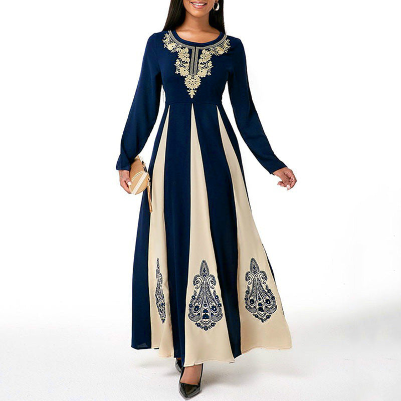 Elegant Muslim Dress for Women 2021 Fall O Neck Long Sleeve Islamic Arabic Abaya Robe Patchwork Print Turkey Eid Mubarak Vestido