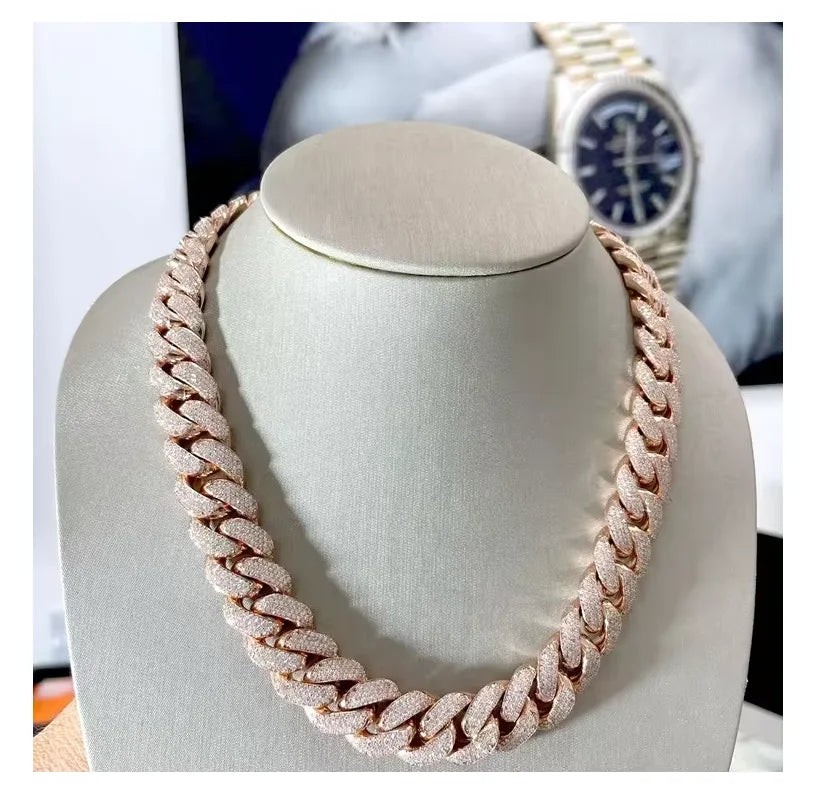 AAA Gems Silver Necklace 18mm 20mm Silver 10k/14k/18K Gold Plating Moissanite 4 Rows Prong Iced Out VVS Miami Cuban Link Chain