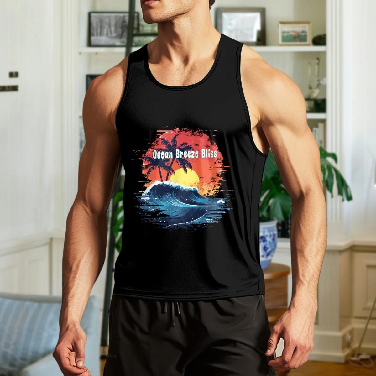 Made in USA Free Shipping MOQ1 Beach Palm Tree Element Men's Casual Vest Underlay Sleeveless Tee Gym Stretch Muscle-Showing Vest