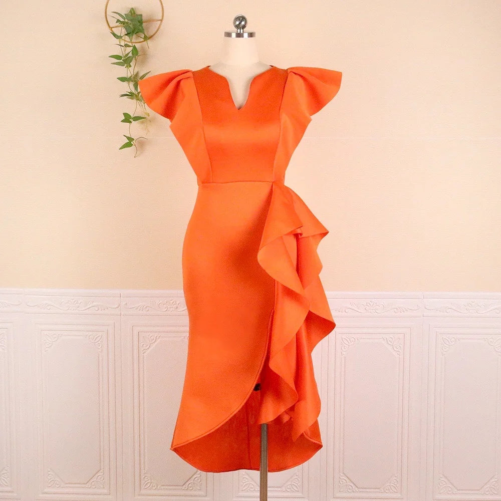 A80081 Manufacturer High Waisted Cap Sleeve Ruffles Midi Evening Dress Women