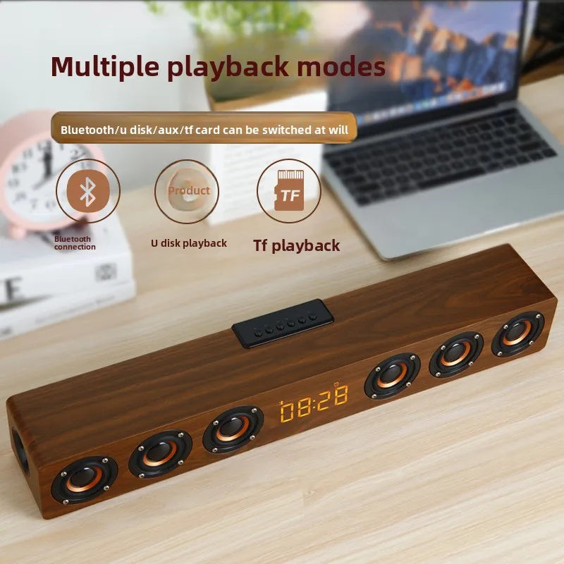 K6 Multifunctional Home Theatre Soundbar Speaker with RGB LED Lighting Wooden for Bluetooth Subwoofer Clock Alarm Battery