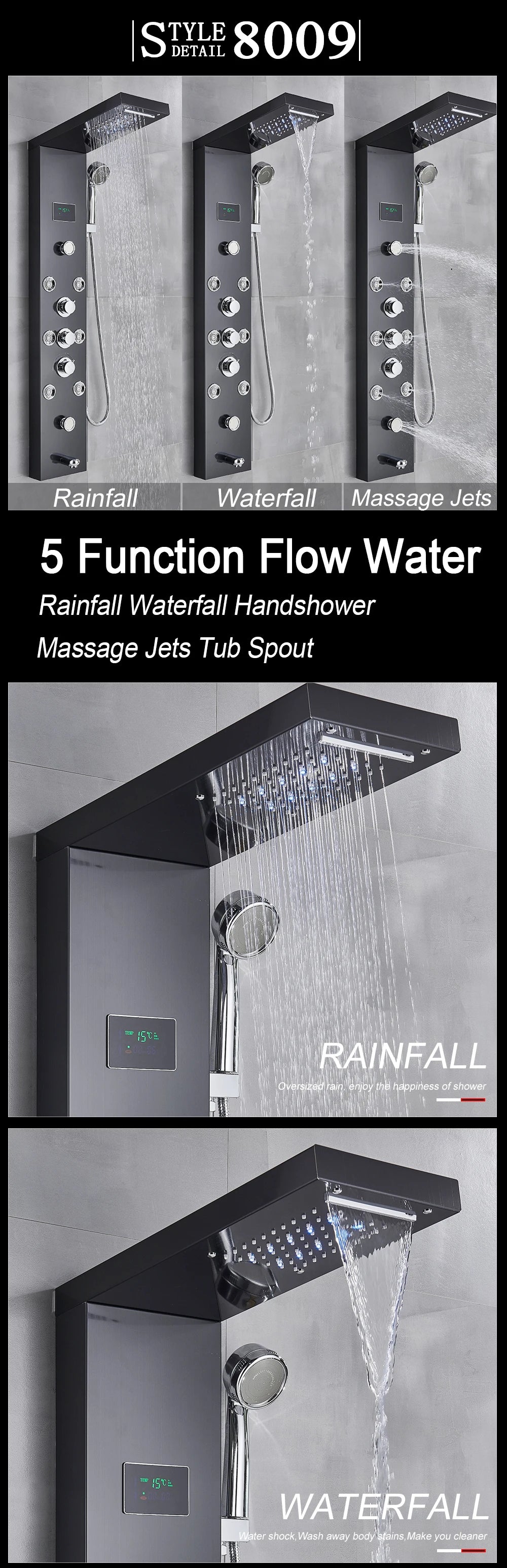 LED Shower Panel Waterfall Rain Digital Display Shower Faucet Set SPA Massage Jet Bathroom Column Mixer Tap Tower System