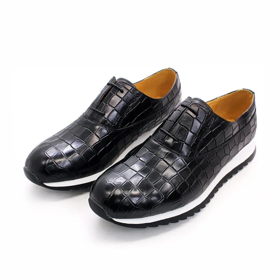 Premium Quality Handmade Italian Men Oxford Sneakers Shoes Genuine Leather Print Lace-Up Casual Shoes