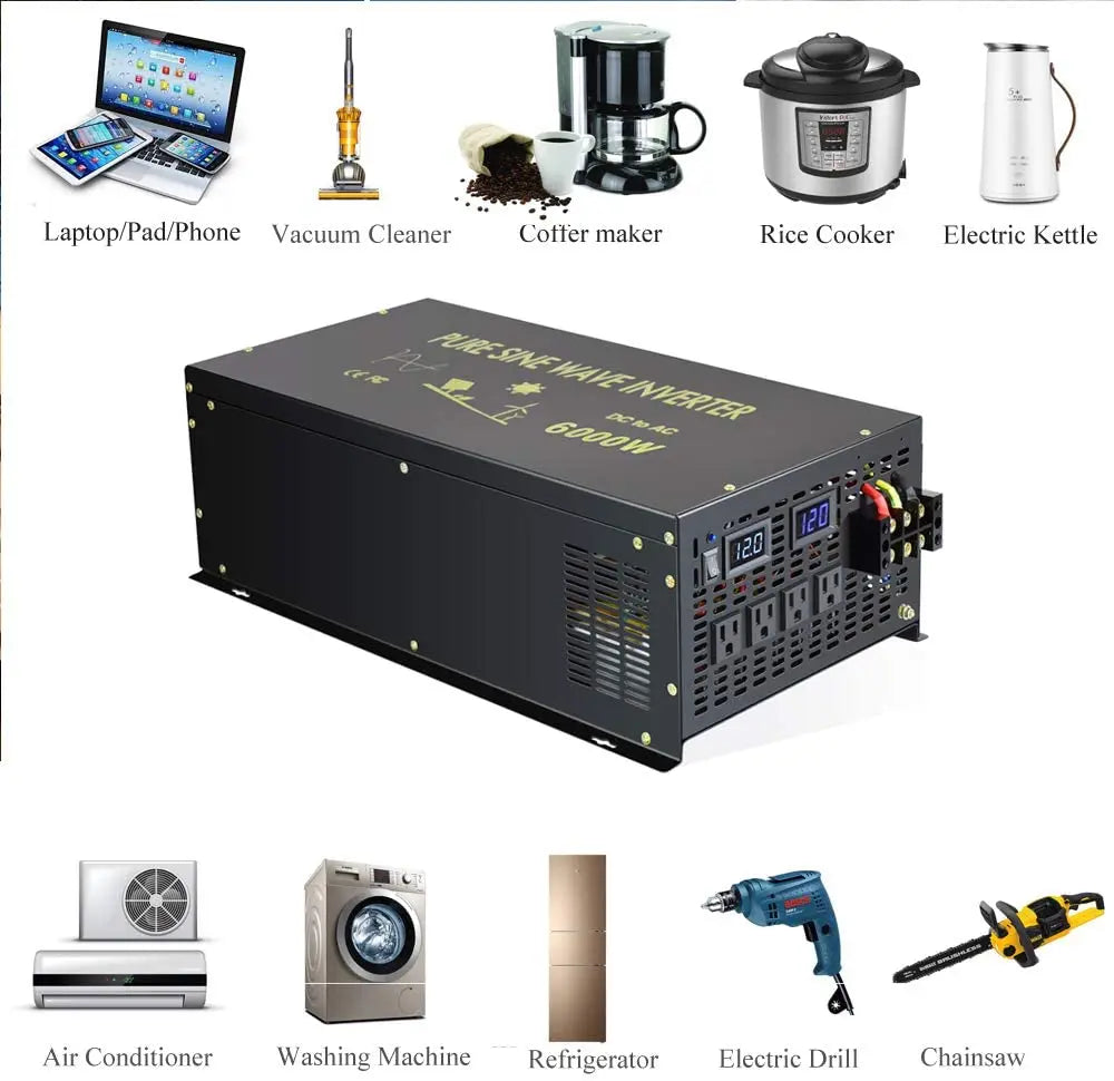 6000W Pure Sine Wave Inverter Solar Power 12V/24V/36V/48V/60V/72V DC to 110V/120V/230V/220V/240V AC Drill/Air Conditioner/Pump