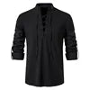 Men's Retro Hippie Beach T Shirt-Summer Casual Short Sleeve Tops Breathable Twill Cotton Linen Stand Collar Henry Drawstring